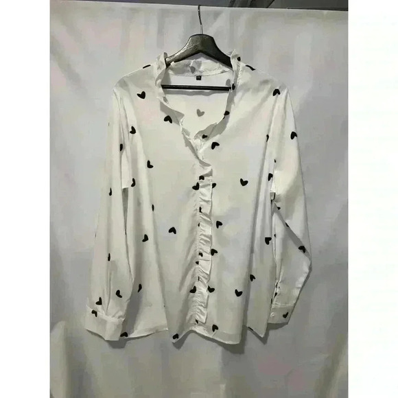 White Heart Print Ruffle Trim Elegant V Neck Long Sleeve Blouse XXL/14 - Picture 4 of 7